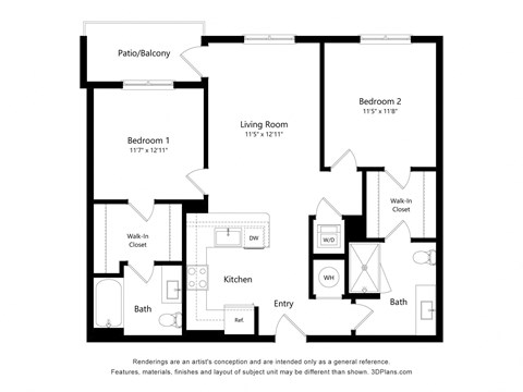 Floor plan for 2 beds, 2 baths, 998 sqft
